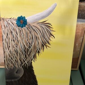 Highland Cow Canvas Art with Blue Flower